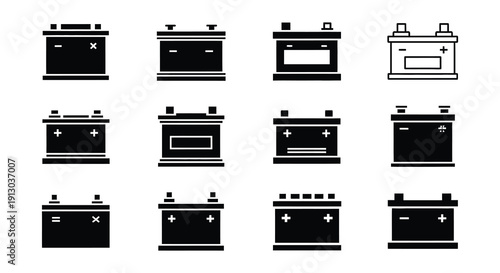 Collection of black and white battery icons in varying styles
