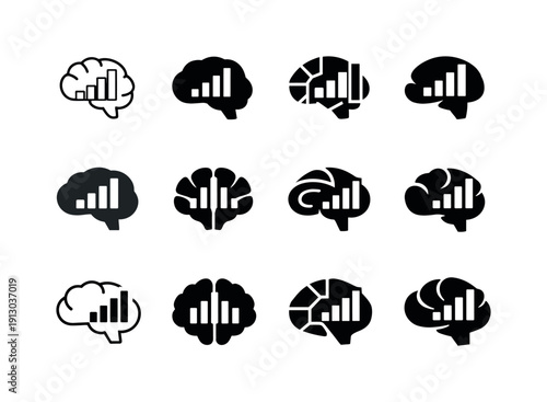 Mental Fitness App Icons. Mental fitness apps. Icon set. Set Logo of Mental fitness apps: brain with progress bars. harmonious logo variations of the same