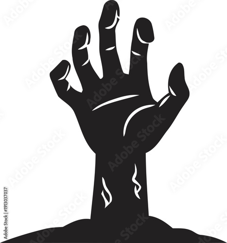 Zombie hand emerging from the ground, spooky Halloween illustration