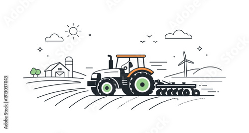 Agricultural machinery. Modern tractor working on open fields, calm rural atmosphere with wide sky and gentle motion lines. Sense of steady