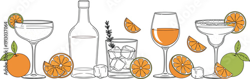 Orange cocktail glasses and bottle with slices and ice orange slices ice cubes citrus