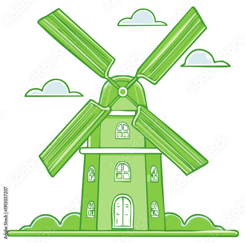 Whimsical green windmill illustration with rotating blades surrounded by fluffy clouds and a fresh grassy landscape