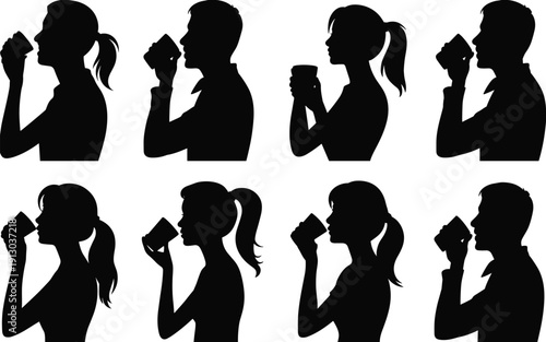 People drinking silhouettes illustration featuring men women beverage consumption lifestyle refreshment concept modern flat design social activity graphic collection