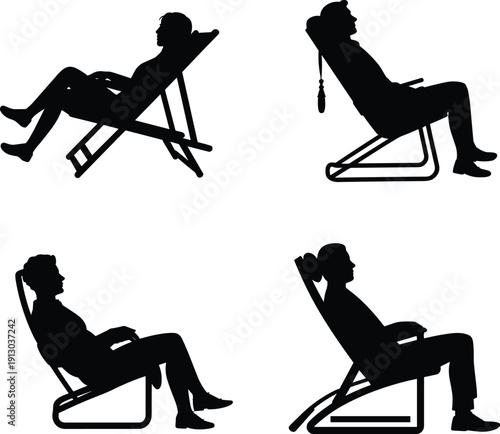 Relaxing people silhouettes on lounge chairs illustration featuring leisure lifestyle rest comfort vacation relaxation concept flat design modern graphic