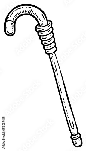 Cartoon walking cane with curved handle and detailed wood grain for mobility assistance