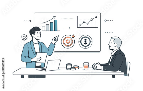 Pitch and funding moment. A founder presenting a clean slide with graphs and target icons to an investor across the table. Calm and confident