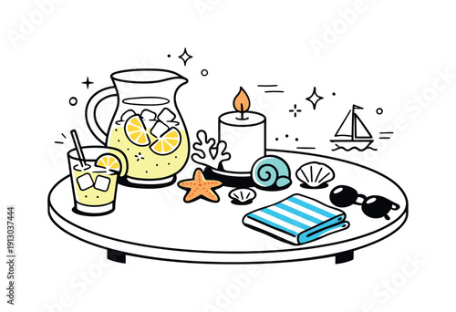 Summer Tabletop Decor. Tabletop summer decor. A round table with a pitcher of lemonade, a striped napkin, and seashells arranged beside a candle, small