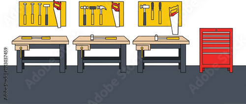 Workshop interior features three wooden workbenches with tools mounted on pegboards above them and a red metal toolbox nearby.