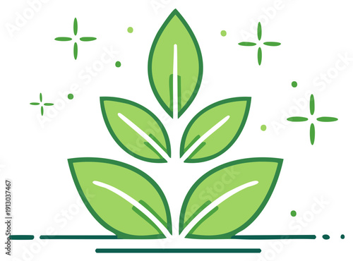 Stylized green leaves sprouting upwards with sparkling light effects on a white background