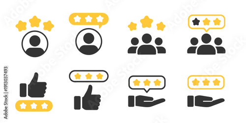 3 or 5 stars positive review icons set, featuring customer feedback symbols, top ranking badges, and excellent result rating elements for apps and websites.
