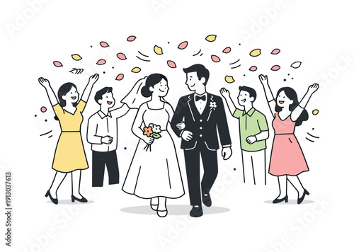 Spring Wedding Celebration. Wedding season spring illustration. Guests tossing flower petals in the air as a newly married couple walks together. The scene