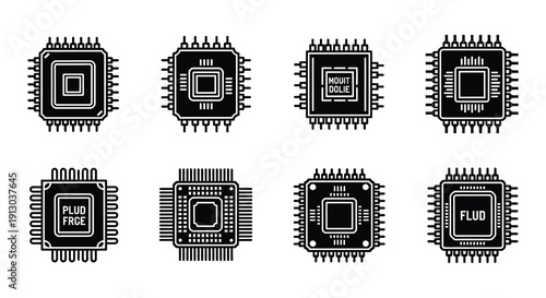 Collection of black and white computer microchips in various designs