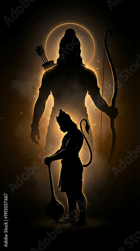 Lord Hanuman with Shadow of Shri Ram in Divine Golden Light, Hanuman Jayanti and Ram Navami Spiritual Hindu Art