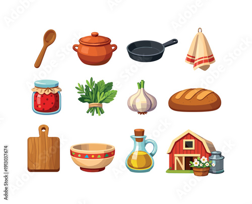 Rustic kitchen. Colorful flat vector icons set of Rustic kitchen: wooden spoon, clay pot, cast iron pan, linen towel, glass jar, fresh herbs,