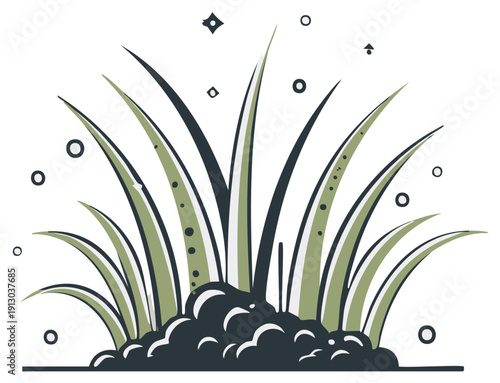 Stylized green grass sprouts emerging from dark soil with abstract sparkling elements