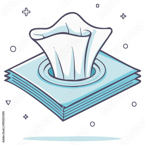 Vector illustration of a pack of wet wipes with a single wipe pulled out, symbolizing cleanliness and hygiene