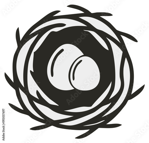 Simple illustration of a bird's nest with two eggs.
