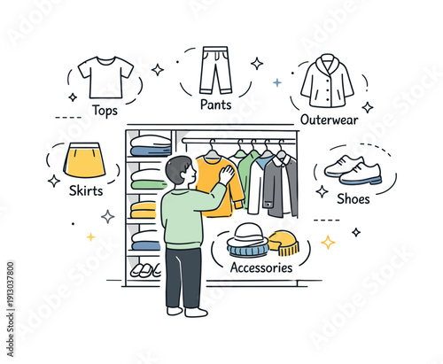 Seasonal wardrobe update. Person organizing a closet with neatly arranged clothing items, floating line icons showing clothing categories and