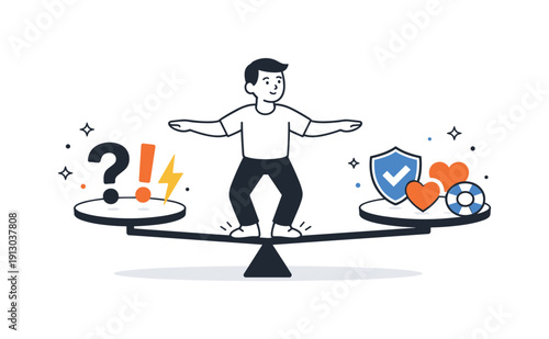 Risk management. A figure balancing uncertainty symbols on one side and safety icons on the other, maintaining visual stability. The mood is