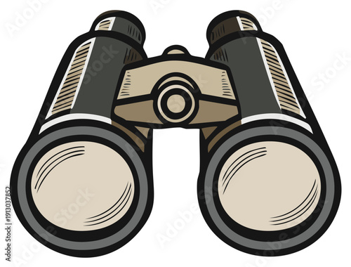 Vintage style illustration of binoculars used for observing distant objects and exploring