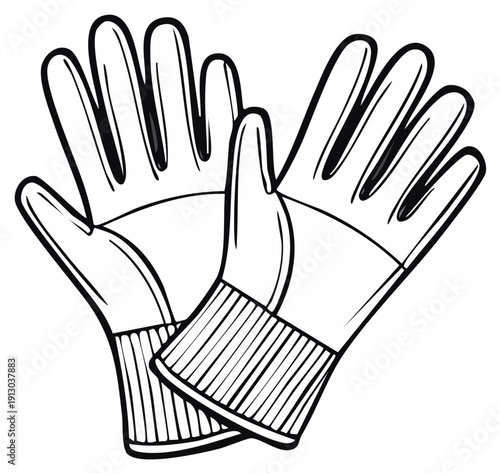Line art of gardening gloves showing protection and utility for outdoor tasks, gardening, and safety needs in work