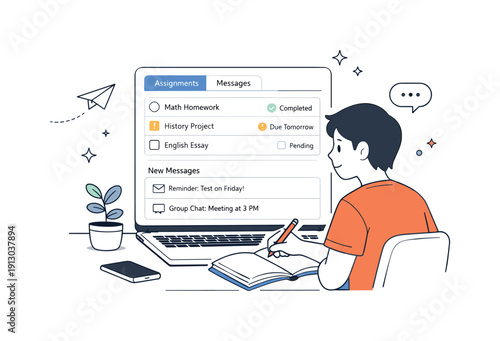 Digital classroom routine. A student checks assignments and messages inside a simple learning platform interface. The mood is calm and