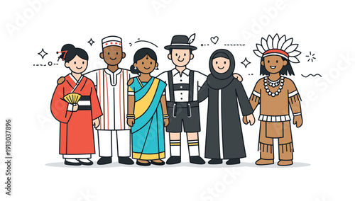 Cultural dress diversity. Individuals in different ethnic clothing styles standing side by side, connected by gentle decorative elements. The