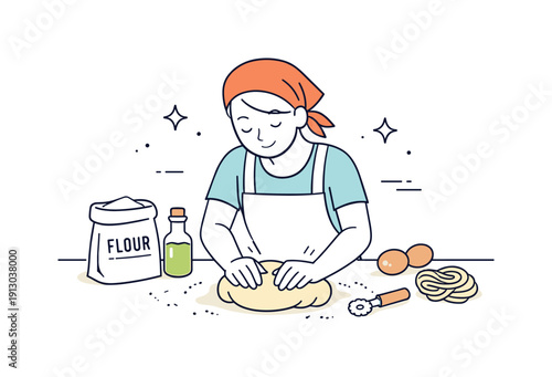 Homemade pasta from scratch. A person gently kneading fresh dough on a clean kitchen table, enjoying a slow and mindful cooking process.