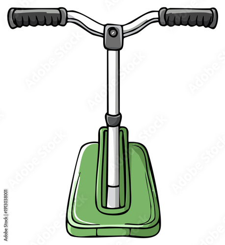 Front view of a child's green kick scooter in a simple cartoon illustration style