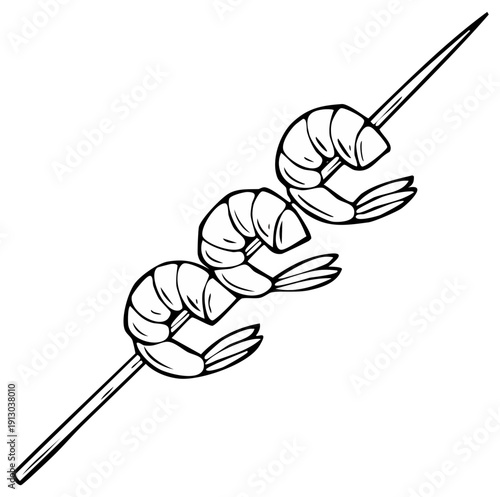 Drawn illustration of three cooked shrimp on a skewer, ready for grilling or serving