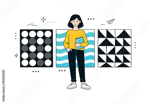 Textures and patterns. Character standing against abstract patterned panels with repeating shapes and gentle noise texture. Modern rhythm and