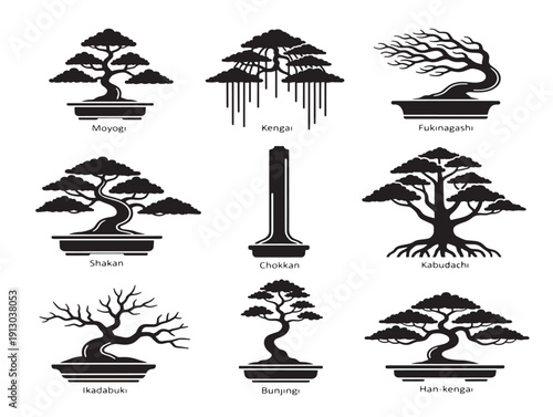 Delicate bonsai tree shapes silhouette for stunning zen garden illustrations