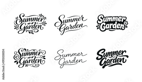 Summer garden script phrases. Set lettering. harmonious lettering variations of the same emblematic concept, each with different artistic