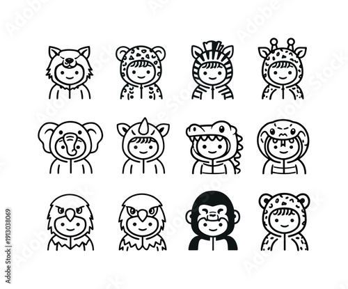 Wild Animal Costume Icons. Wild animal costumes. Line icon set of wild animal costumes: wolf costume, leopard costume, zebra costume, giraffe costume, elephant