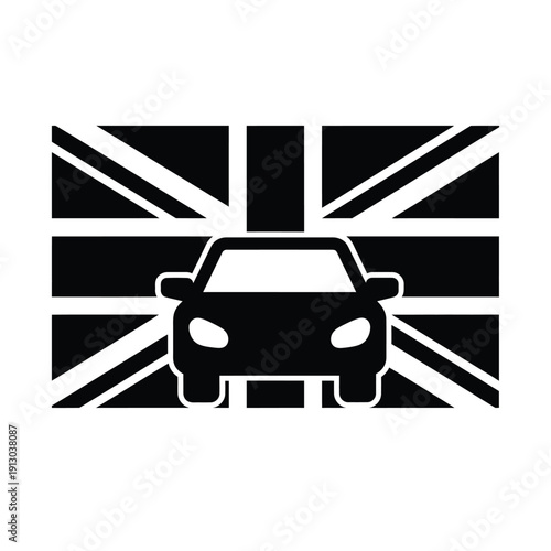 Vector illustration icon black and white illustration of a car with the union jack flag in the background