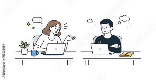 Emotional withdrawal in office life. Two coworkers at nearby desks, one leaning toward conversation while the other remains still and