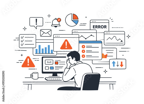 Interface overload at work. A professional sits at a desk with layered dashboards, alerts, and charts crowding the screen, expressing quiet