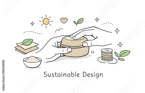 Inspirational design with ecology materials trend. Hands gently shaping biodegradable materials into a simple product form. The scene