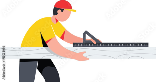 Construction worker wearing a red cap measures a wooden plank using a large ruler and square tool.