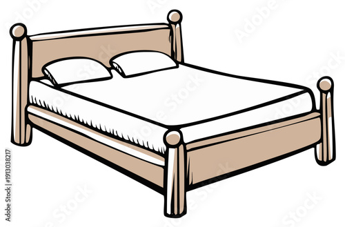 Cozy Double Bed with Pillows in a Simple Illustration Style for Bedroom Design