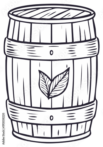Hand drawn wooden barrel with green leaves emblem simple illustration for design