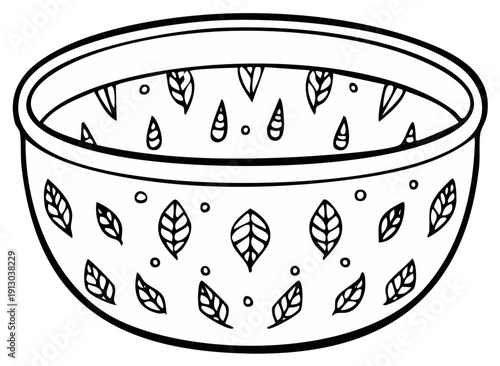 Hand drawn decorative bowl with leaf pattern isolated on white background line art