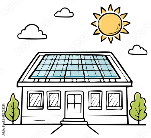 Line Art of a Residential House with Solar Panels on the Roof under the Sun and Clouds, Promoting Renewable Energy