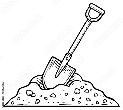 Cartoon shovel digging in dirt, outline illustration for gardening and excavation
