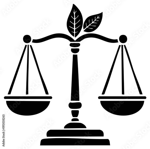Environmental Justice Balance Scale Symbol with Green Leaves for Ecological Fairness
