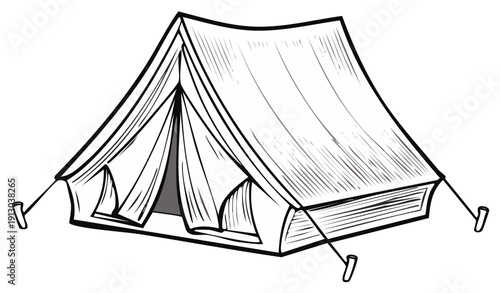 Camping tent sketch illustration, monochrome graphic for outdoor adventures