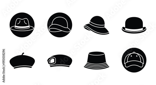 Collection of various black hat icons arranged in a grid pattern