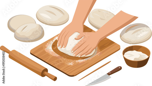 Hands kneading bread dough on wooden board, artisan baking process, homemade bakery preparation illustration design
