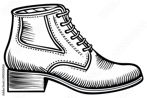 Classic Black and White Illustration of a Lace-Up Boot with a Low Heel