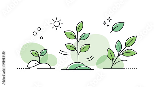 Spring growth elements. Leaves and sprouts interacting with soft abstract shapes and gentle movement. Friendly editorial illustration